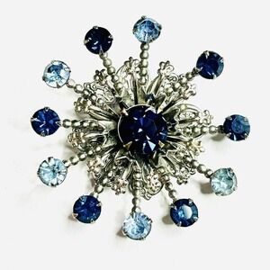 Vintage Pin Brooch Blue Rhinestones Snowflake Marcasite Filagree Art Deco 2"x 2"